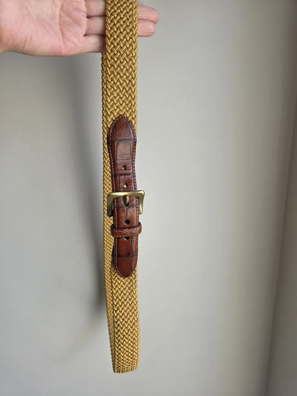 Martin Dingman Gold Woven Stretch Leather Trim Belt Size 42 Hand Made USA